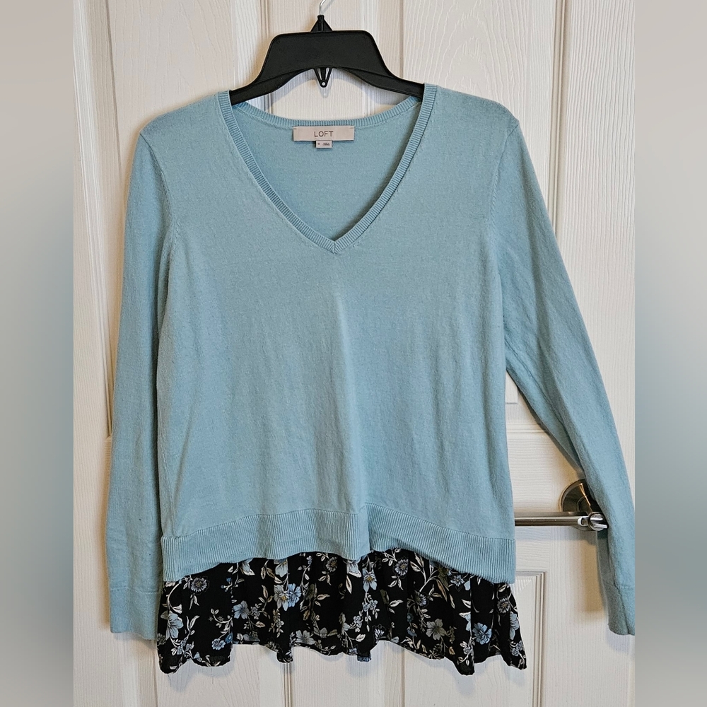 Loft long sleeved blue sweater with patterned chiffon on bottom